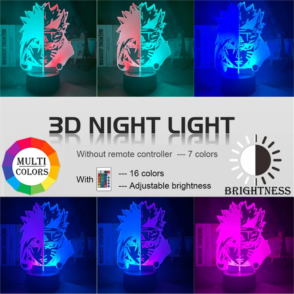 Светодиодная лампа Наруто Узумаки и Саске Учиха ночник с 3d иллюзией на половину