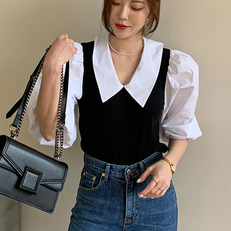 

Alien Kitty 2021 Summer Streetwear Hot Chic Lady Loose Patchwork Short Sleeves Casual Femme Blouses Turn-Down Collar Pullover