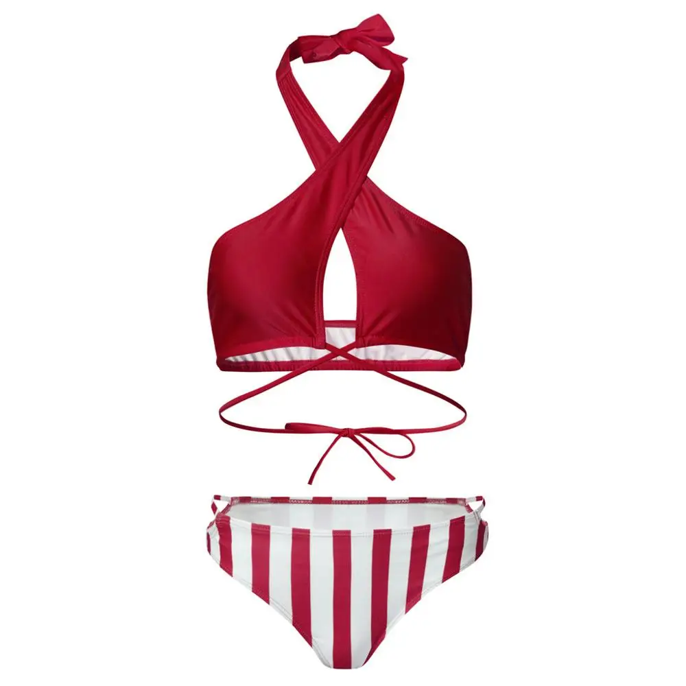 Перекрестный Топ Бикини с лямкой через шею пуш-ап полосатый Женский комплект