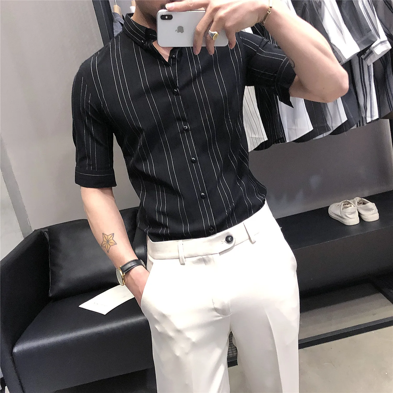 

Мужская хлопковая рубашка в полоску, с коротким рукавом и отложным воротником