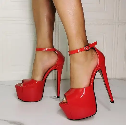 

Red Patent Leather Peep Toe Platform High Heel Sandals Female Buckle Strap Sexy Party Stiletto Heels Pumps Shoes Colors Custom