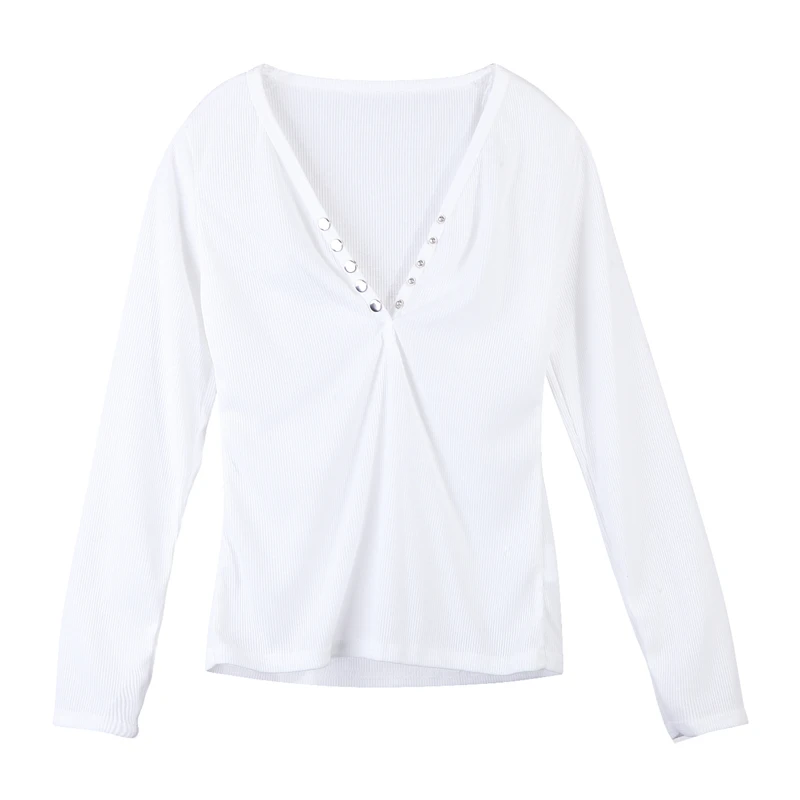

Ladies Soft V-Neck Tops Sexy Women Long Sleeve Bandage Button Slim Solid Stretch Tee Shirts Top