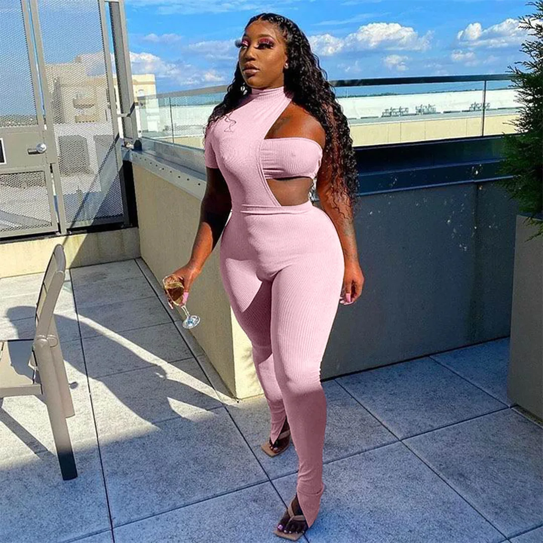 

GGLNOO Sexy Women Jumpsuits and 2 Piece Pant Sets Club Wear Fashion Asymmetric Hollow Out Bodycon Romper GG23237