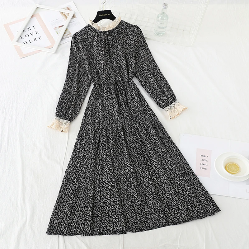 

Elegant With coat Women Dress Female Casual Lotus sleeve Office Chiffon Print Dresses A-line Vintage Sweet Clothing Vestidos