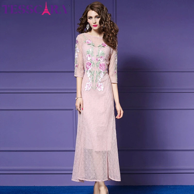 Женское длинное коктейльное платье TESSCARA розовое кружевное с цветочной вышивкой