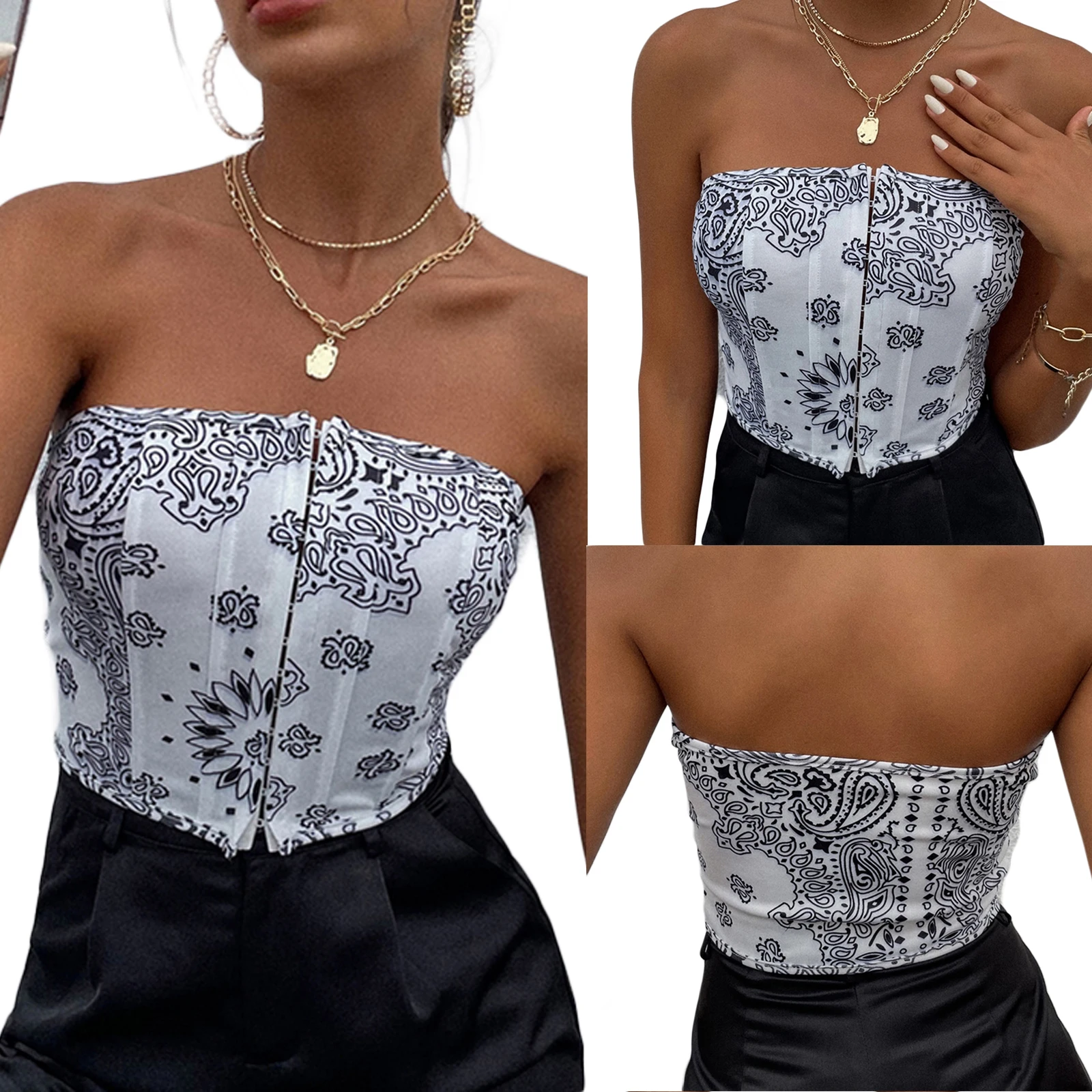 

Women's Sexy Corset Crop Tops Fashion Bohemian Strapless Hook and Eye Front Boned Bustier