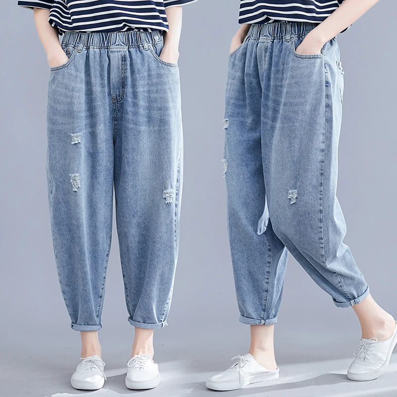

High Waist Hole Jeans For Women 2020 Spring Summer Korean Femme Baggy Simple Wide Leg Jeans Women Clothes ropa de mujer Z206