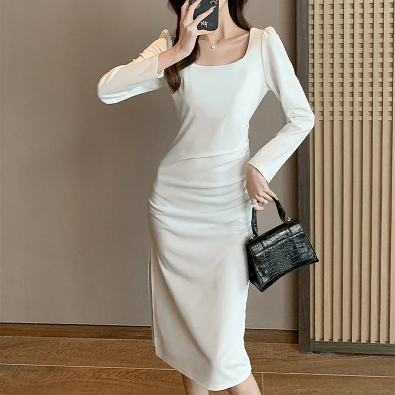 

Spring Autumn Elegant Office Ladies Square Collar Dress Women'S Sexy Bodycon Long Sleeve Vestidos Midi Backless Party Dress