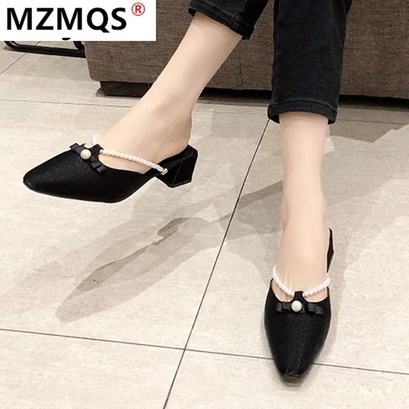 

Fashion Square Head Beaded Slippers 2021 Summer Women Sandals Baotou Single Shoes Fang with PU Leather Casual Women's Shoes