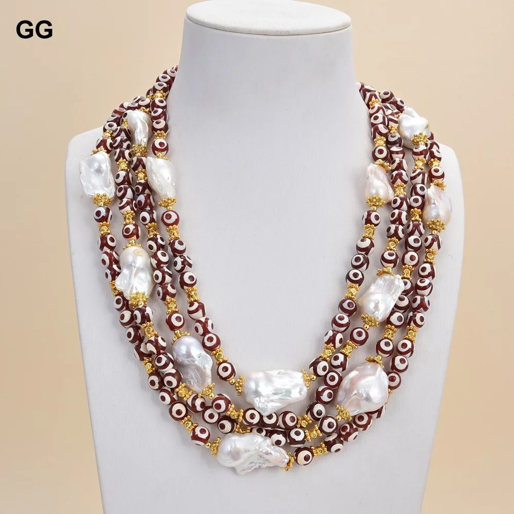 

GuaiGuai Jewelry 19" 4 Strands 10mm Round Red Agates Natural White Keshi Baroque Pearl Necklace For Women