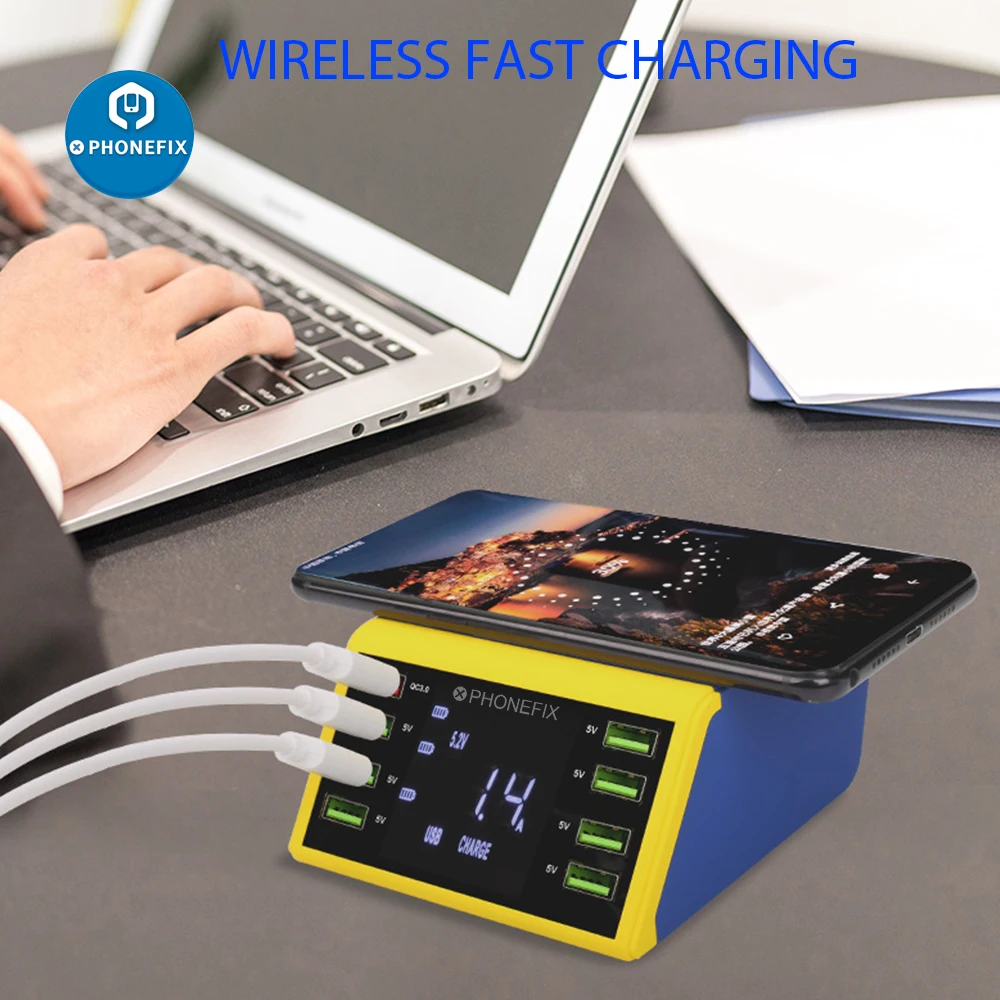 mechanic icharge qc 3 0 usb charging station hub support fast charger lcd display wireless charging hub for iphone android phone free global shipping