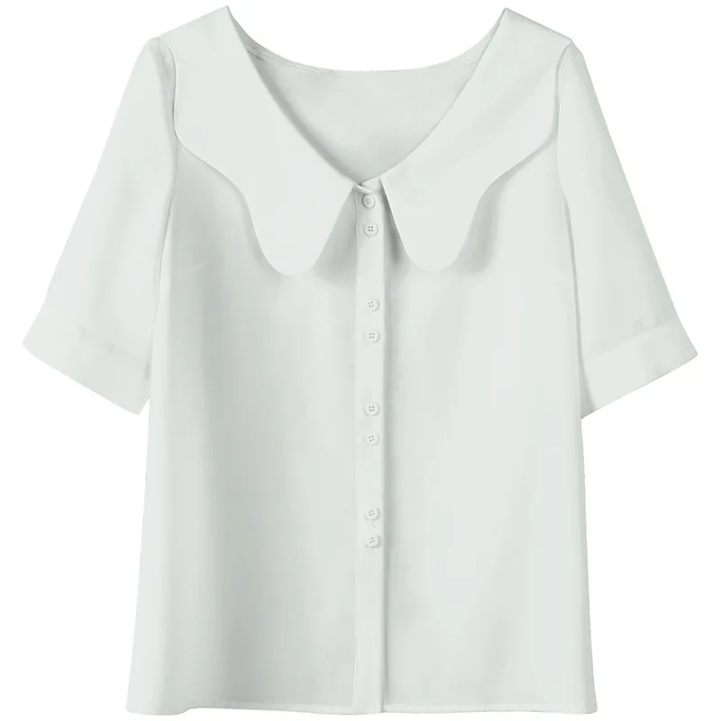 

Korean women's ladies fashion pure color chic doll collar sweet short-sleeved chiffon shirt women