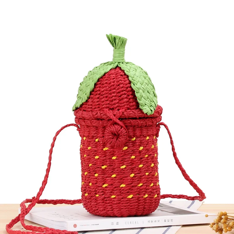 

Fashion Strawberry Paper Rope Hand Woven Phone Bag Summer Pastoral One Shoulder Cross Carrying Dual Purpose BEACH STRAW