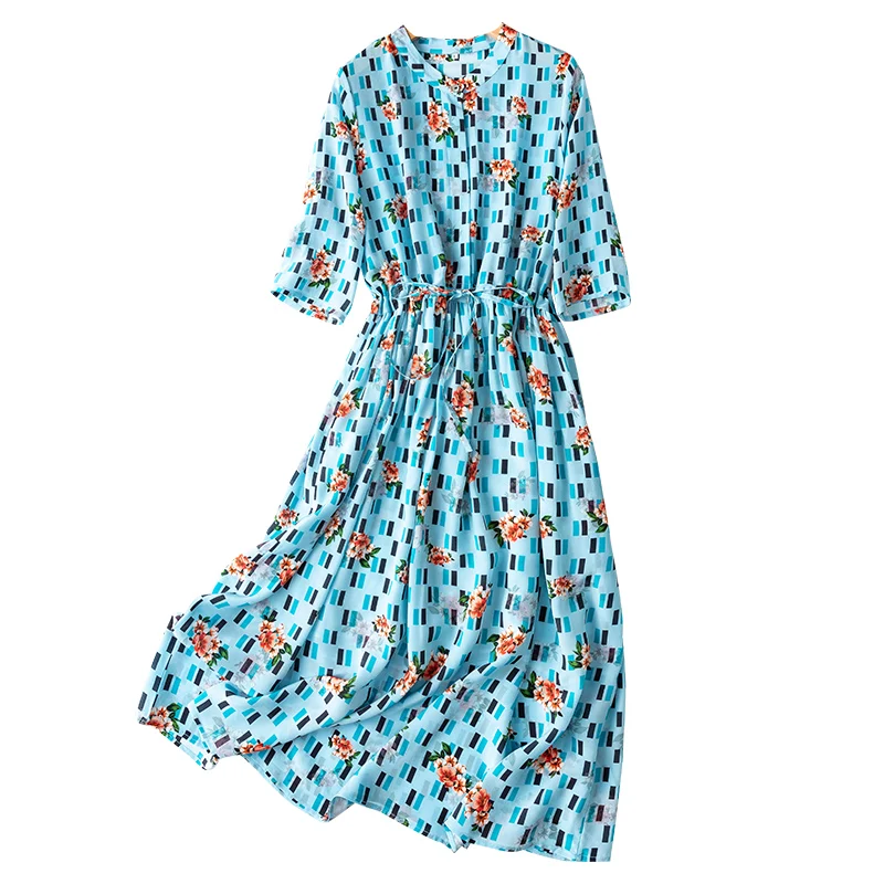 

Women's 100% Silk 26 momme luxury Fashion Heavy Long Dress Short Sleeve Shirt Dress Elegant Blue The Waist One Size L1163