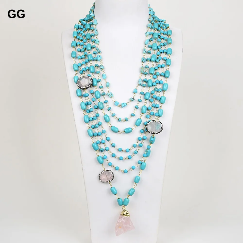 GG Jewelry 19 &quot-31&quot 7 нитей голубой бирюзовый камень кошачий глаз розовая подвеска в