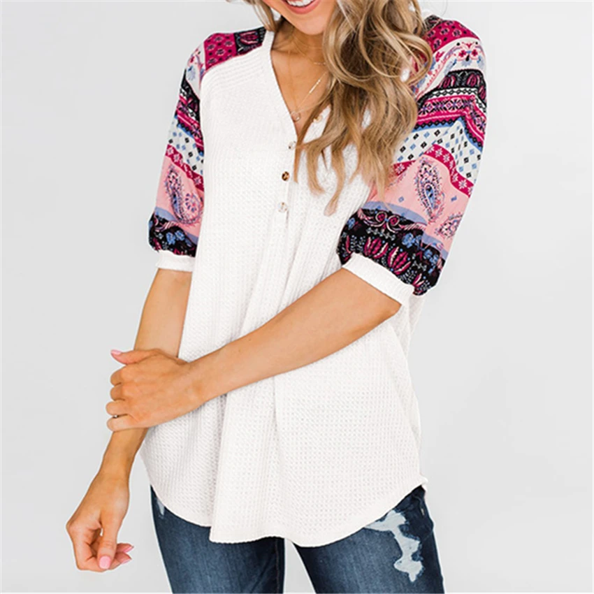 

Women Clothes 2020 Patchwork Print Half Sleeve Women Top Female V-Neck Button Casual tshirt Knit Women Tees Micro Thickness