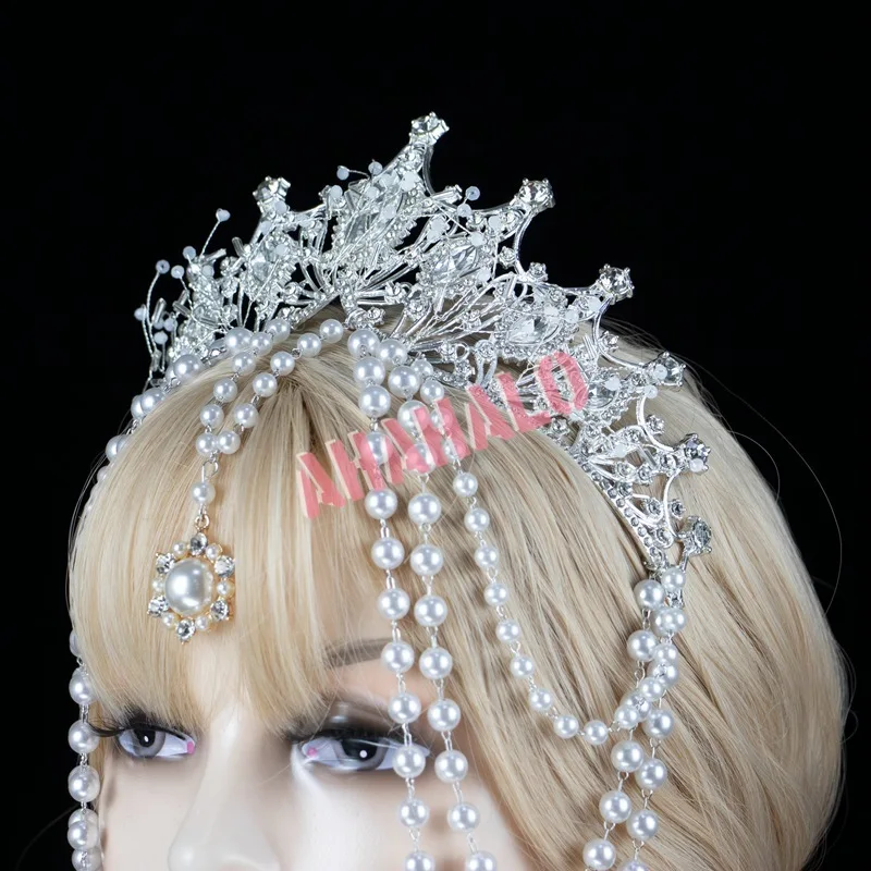 

Baroque Crystal Bead Chain Pendant Silver Crown Tiara Gothic Lolita Bridal Queen Goddess Crown Headband Wedding Hair Accessories