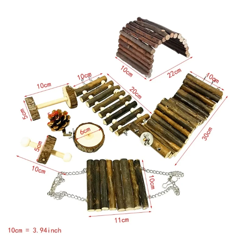 

8Pcs Natural Wooden Hamster Swing Cage Teething Toys Set Climb Ladder Bridge Exercise Playing Teeth Care