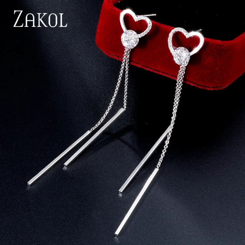 Heart White ZAKOL длинные кисточки прозрачный кристалл любовь сердце сладкий Висячие серьги для женщин Свадьба Ужин подарок на день рождения ювелирные изделия FAEP079 - Окраска металла: Heart White