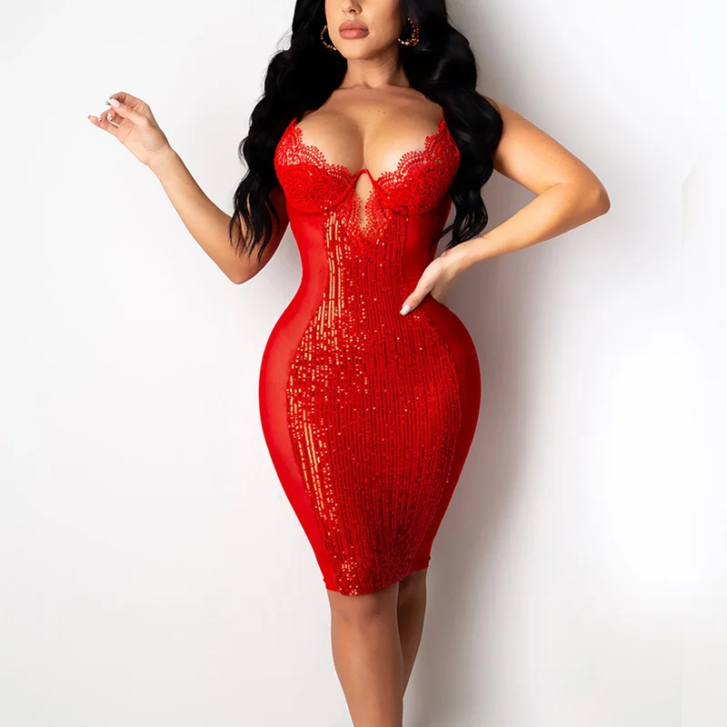 

Women Spaghetti Strap Mesh Bodycon Midi Dress Sexy Lace Sequins Patchwork Night Club Party Dress