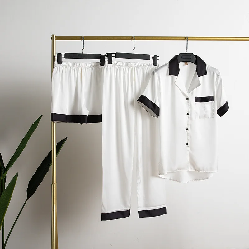 

Summer Fashion 3 Piece Set Womens Lounge Set Silk Short Sleeve Sleeping Pyjamas Pijama Feminino White Sleepwear Lingerie