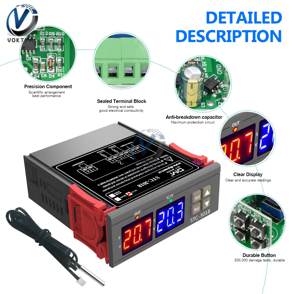 

STC-3018 12V 24V 110-220V Digital Temperature Controller Thermostat Thermoregulator Heating Cooling Switch Digital Hygrometer