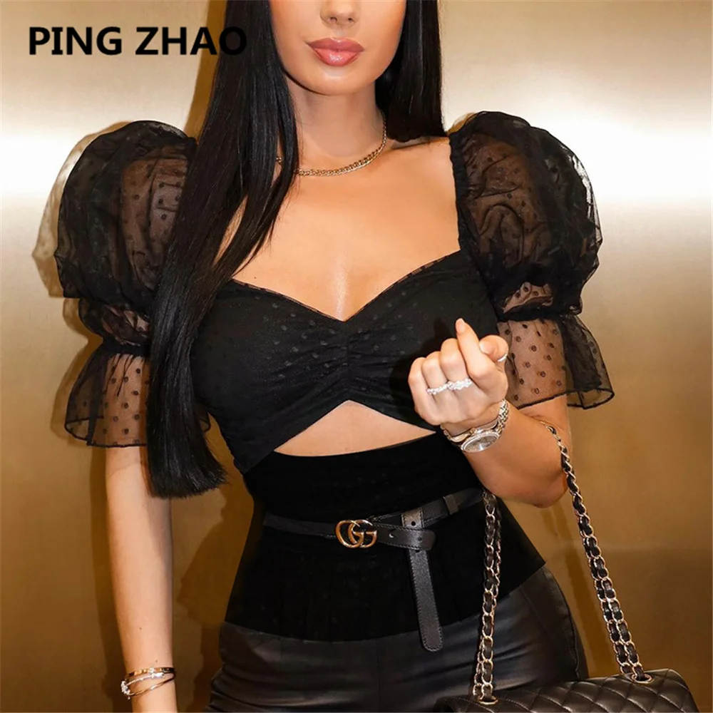 

PING ZHAO Summer Sexy Women's mesh Crop Tops Square Collar Puff Sleeve Skinny T Shirt 2021 Vintage Elegant Streetwear