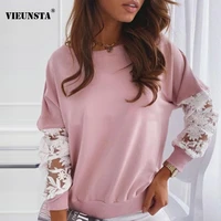 new sexy embroidery flower lace blouses women spring round neck patchwork shirt 2021 autumn long sleeve office lady top pullover