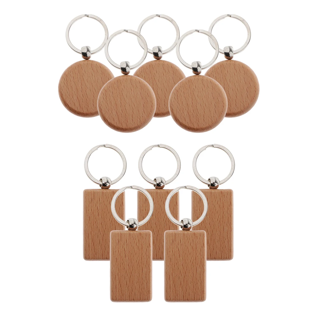 

5Pcs Blank Round Rectangle Wooden Key Chain Rings Diy Key Tags Charms