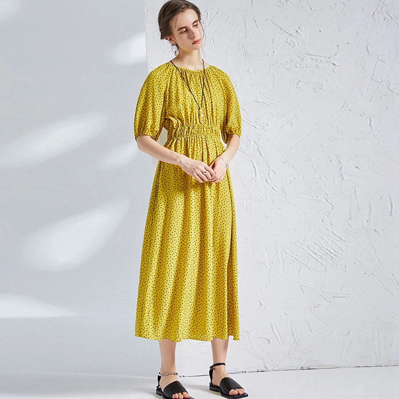 

High Quality 100% Silk Dress Women Casual Style Dot Printed O Neck Half Sleeve Lightweight Fabric Dresses New Fashion