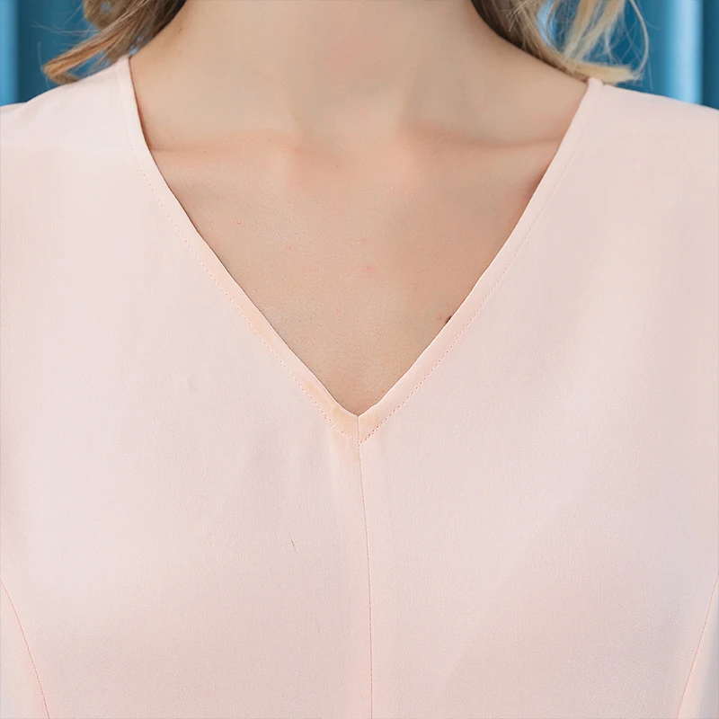 

VOA Silk Pink Summer Dress A10582 Office Lady Garment Short Sleeves Streetwear Casual V-Neck A-Line Pullover Dresses for Women
