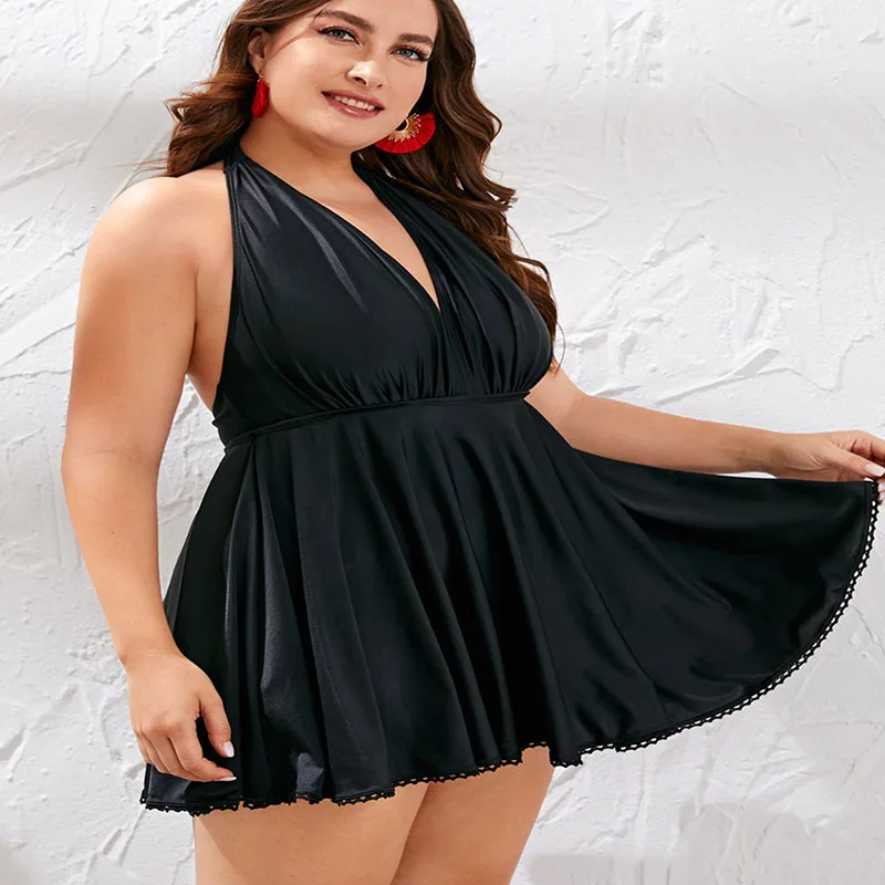 

2021 Sexy One Piece Halter Women Plus Size Swimwear Skirt Push Up Bathing Suit Tankini Female SwimSuit Dress Vintage Monokini