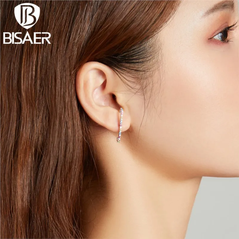 

BISAER 925 Sterling Silver Colorful Rainbow Round Stud Earrings for Women CZ Circle Fine Earrings Jewelry Brincos Gift EFE465