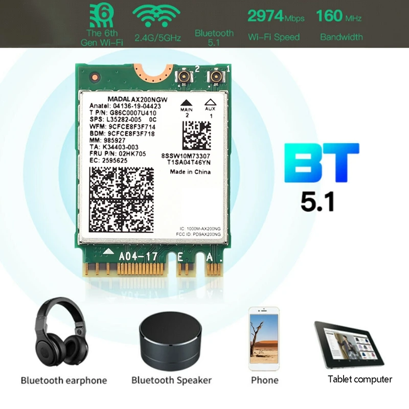 

WiFi Card AX200NGW WiFi 6 3000Mbps Dual Band 2.4G 5G M.2 NGFF Bluetooth 5.1 802.11Ax Adapter Network Card