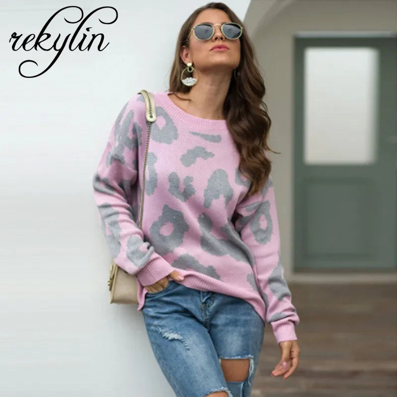 2019 Autumn and Winter New Leopard Print Ladies Sweater Round Neck Loose Pullover Warm Women's sweater | Женская одежда