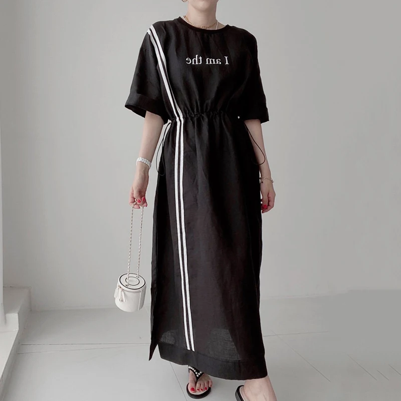 

Korejpaa Women Dress 2021 Summer Korean Fashion O-neck Letter Print Line Hit The Color Crumpled Waist Open Fork Long Vestidos