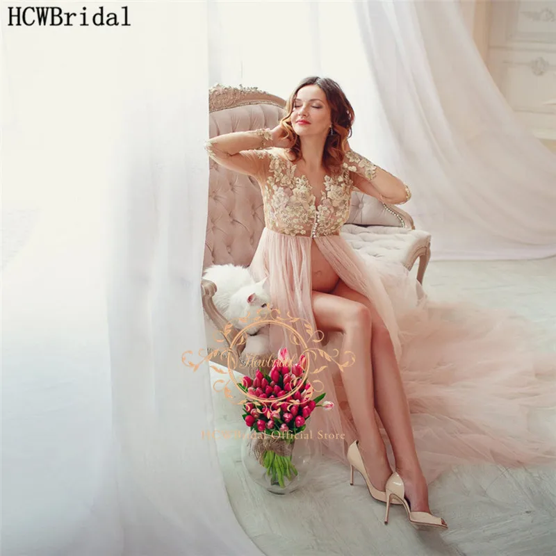 

Вечернее платье для беременных, с V-образным вырезом и высоким разрезом, тюль с длинным рукавом, кружевное вечернее платье, платья для фотосе...