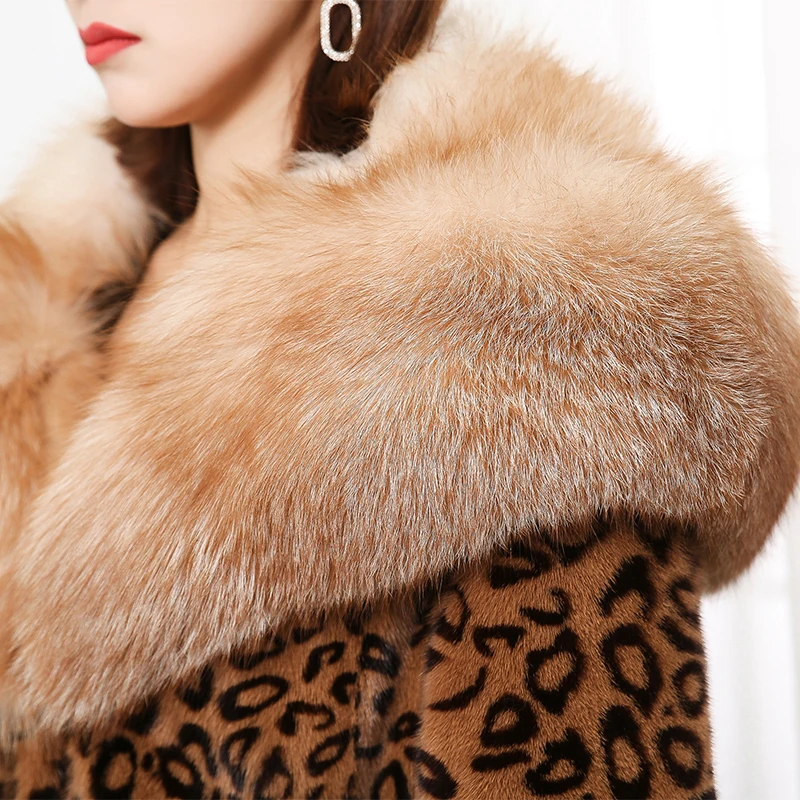 

Nerazzurri runway leopard mink fur coat with fox fur trim hood long sleeve plus size luxury real mink jacket women 5xl 6xl 7xl