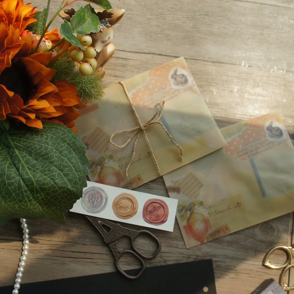 15*11cm 3pcs Dark Yellow Rustic Style Rabbit Design Envelop As Postcard Message Card Invitation Transparent Sticker | Дом и сад