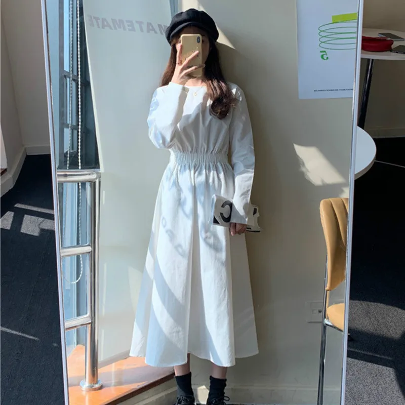 LANMREM 2020 Новое весеннее однотонное платье с круглым воротником и длинным рукавом