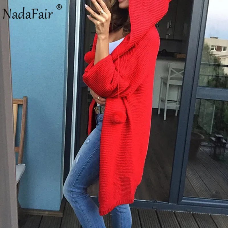 Nadafair, толстый зимний вязаный длинный кардиган, женский, плюс размер, однотонный, Повседневный, ленивый, красный, розовый, белый, с капюшоном, больше размера d, свитера для женщин