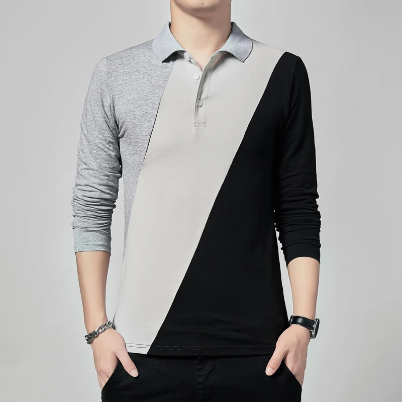 

TFETTERS Autumn Pantchwork T Shirts Men Turn-Down Collar Long Sleeved T-Shirt Cotton Korean Style Slim Fit T-Shirt Men