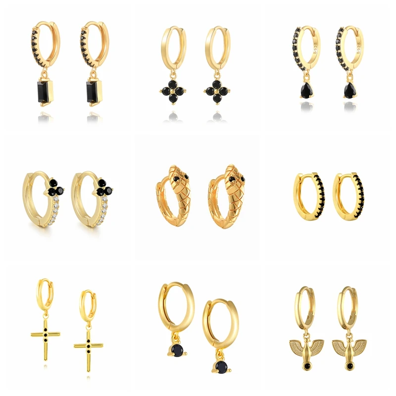 

CANNER Black Zirconia Hoops Ear rings For Women Teens Anniversary Gift 925 Sterling Silver Cross Snake Huggie Earring Brinco