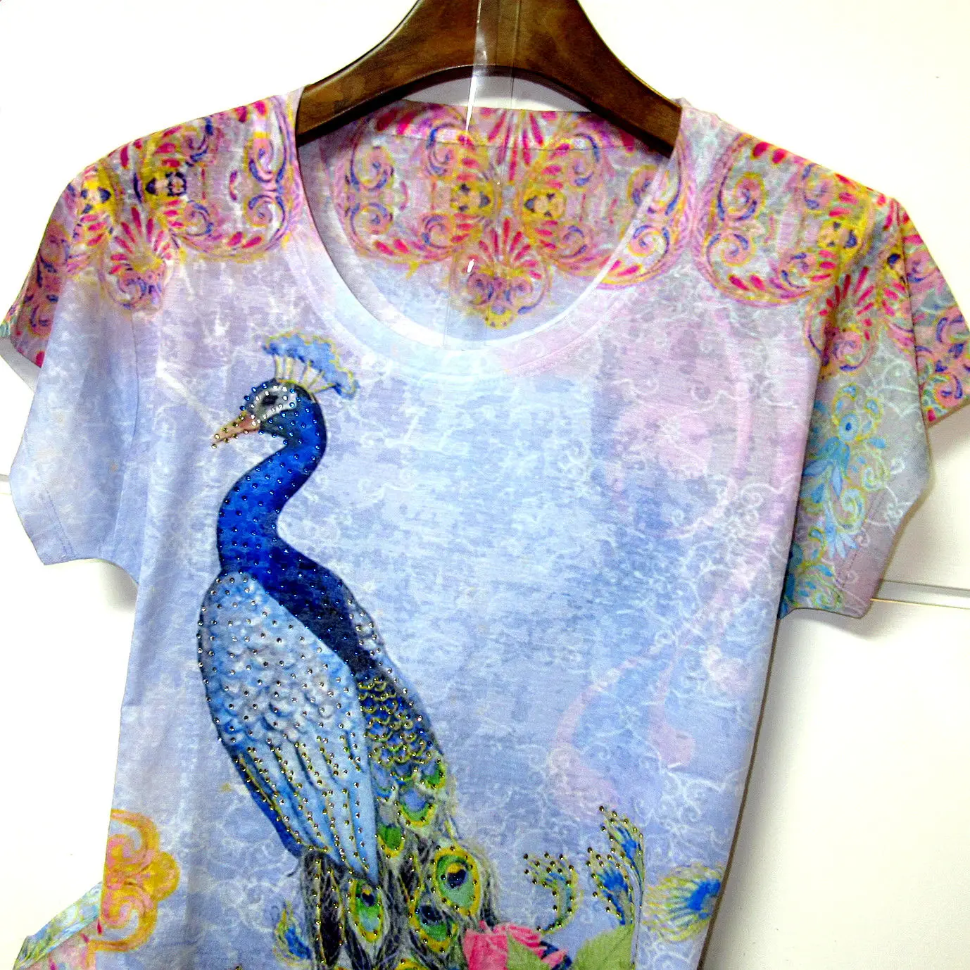 2020 New Summer Women Peacock Printing O-neck Silk T Shirt Tops Ladies Casual Elasticity Rhinestones Embroidery Tee Shirts S197 | Женская