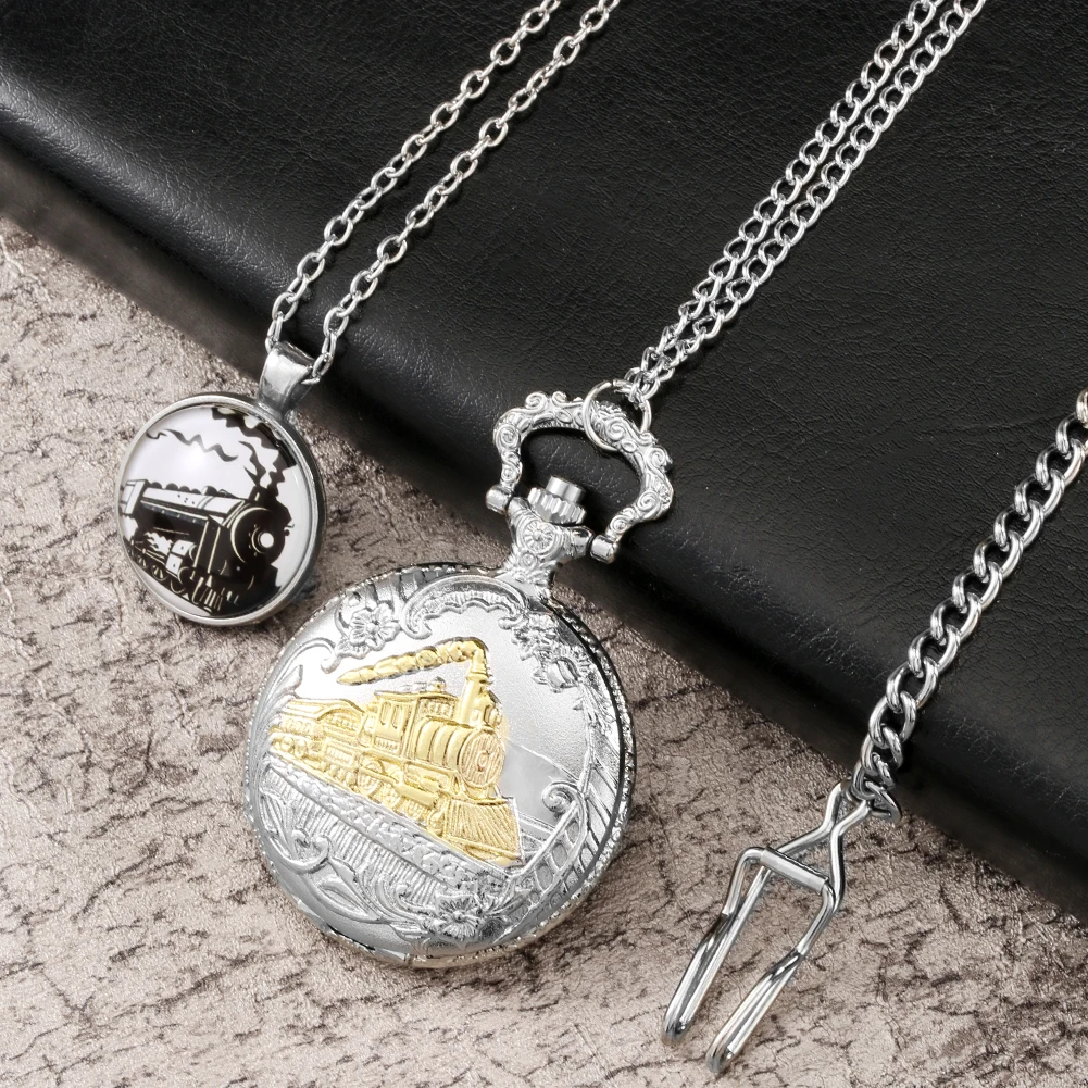 Quartz Pocket Watch Exquisite Train Design Case Watch Silver Pendant Necklace Chain Fashion Gift Sets for Friend