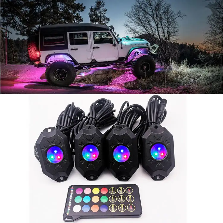 

led lights car accessories 4 pods RGB Rock Lights kit app sync remote Control under car led light kit for utv atv off ro