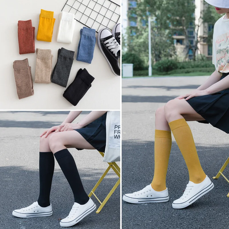 

Women Cotton Knee High Socks Black White Solid color Fashion Casual Calf Sock Female Girl Party Dancing Sexy Long socks 2020 New