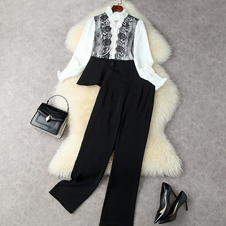 

European and American women's autumn 2021 new Long sleeve patchwork lace shirt Black pants Fashion suits