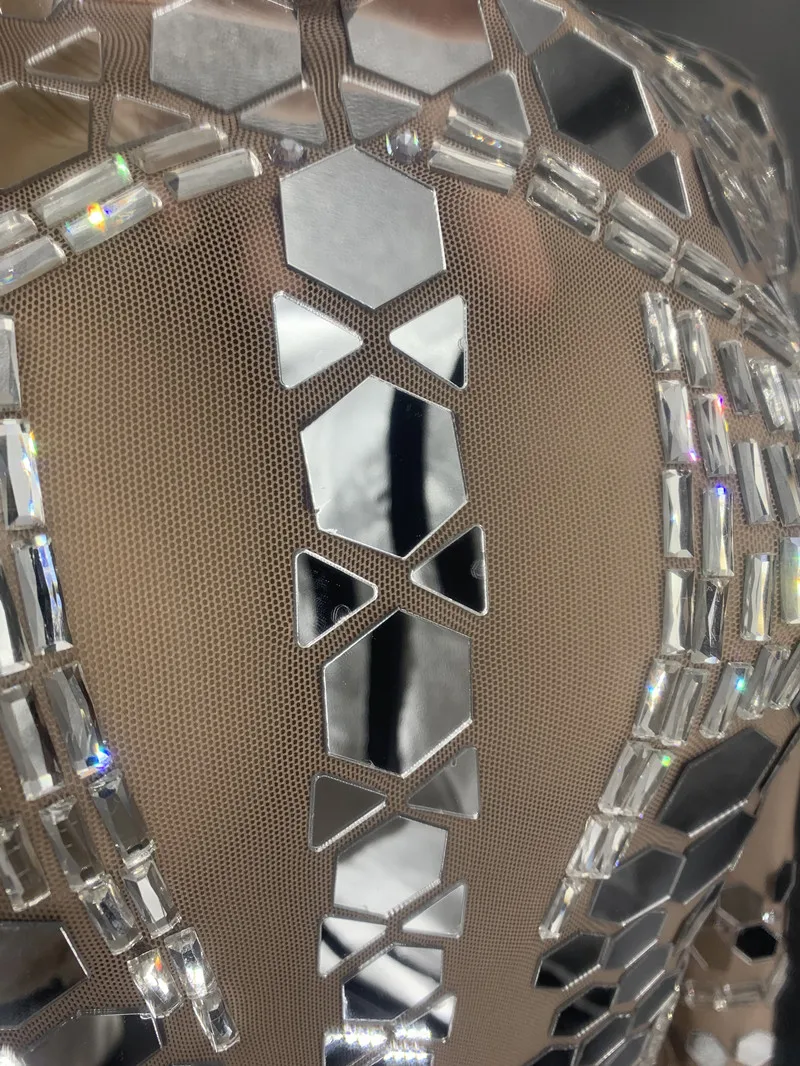 

Unique Design Banquet Evening Party Women's Geometric Lenses Rhinestone Skinny Long Dress Singer Sexy Mesh Perspective Costumes