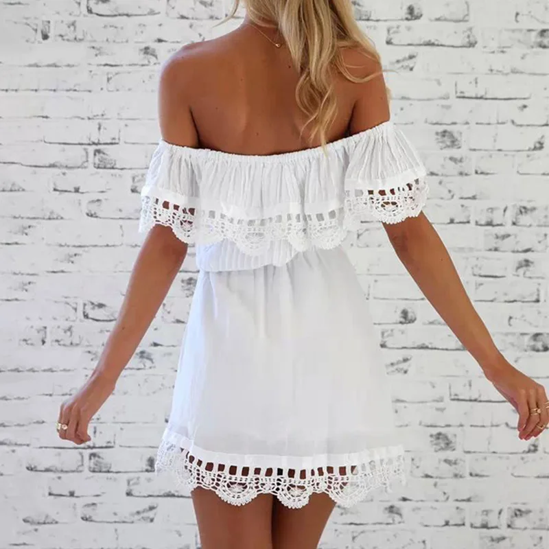 Женское Плиссированное кружевное мини-платье с открытыми плечами